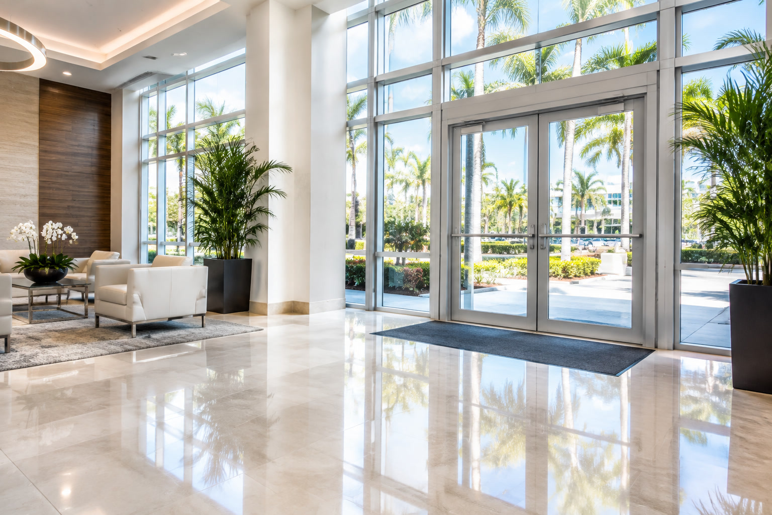 Bright commercial lobby with polished stone floors and glass entry