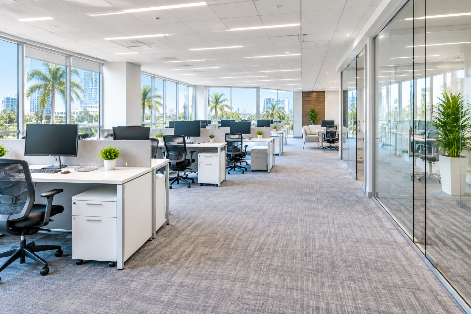 Open office with desks, carpet, and glass conference rooms